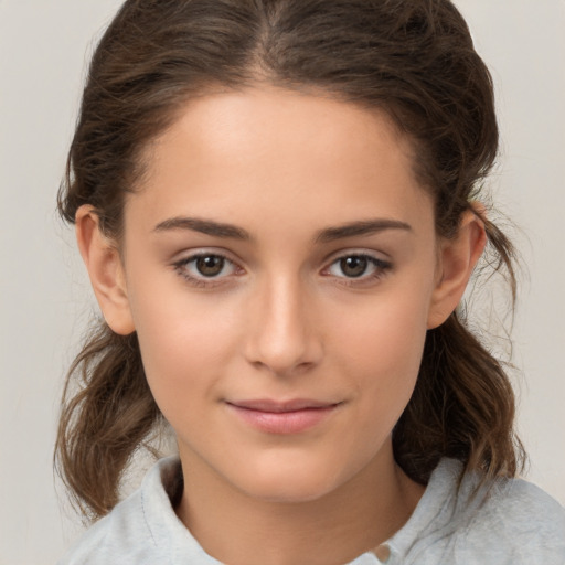 Joyful white child female with medium  brown hair and brown eyes