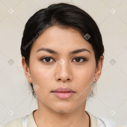 Neutral asian young-adult female with short  brown hair and brown eyes