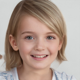 Joyful white child female with medium  brown hair and blue eyes