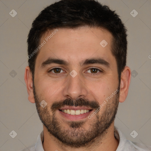 Joyful white young-adult male with short  brown hair and brown eyes