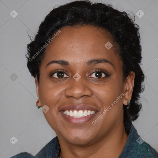 Joyful black young-adult female with medium  black hair and brown eyes