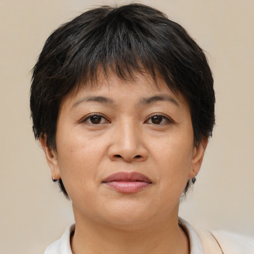 Joyful asian young-adult female with short  brown hair and brown eyes