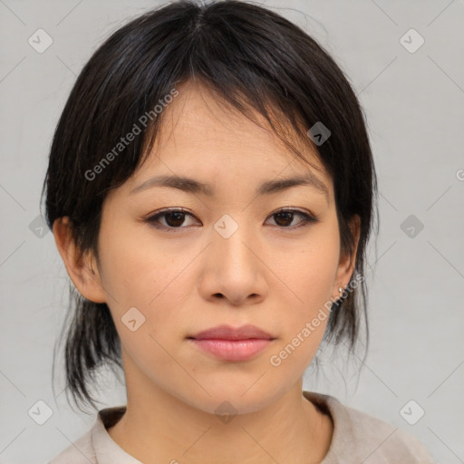 Neutral asian young-adult female with medium  brown hair and brown eyes