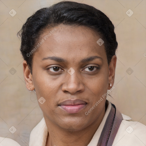 Joyful latino adult female with short  brown hair and brown eyes