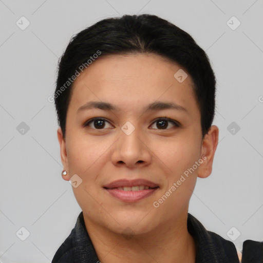 Joyful asian young-adult female with short  black hair and brown eyes