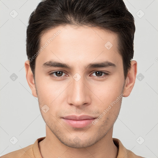 Neutral white young-adult male with short  brown hair and brown eyes