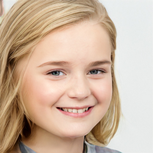 Joyful white child female with medium  brown hair and blue eyes