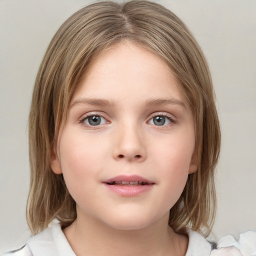 Neutral white child female with medium  brown hair and blue eyes