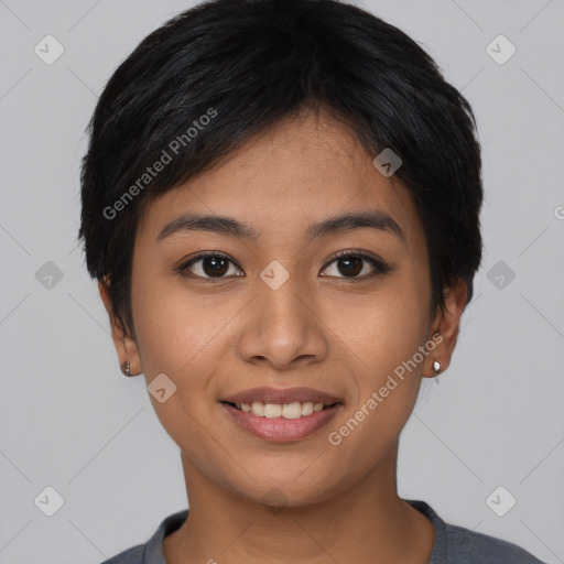 Joyful asian young-adult female with short  brown hair and brown eyes