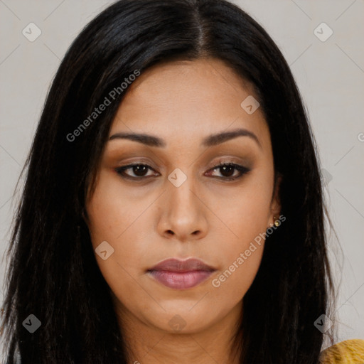 Neutral asian young-adult female with long  black hair and brown eyes