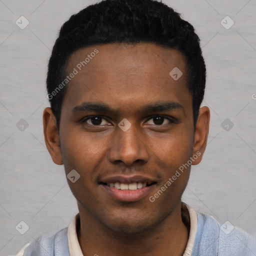 Joyful black young-adult male with short  black hair and brown eyes