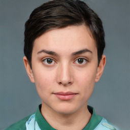 Neutral white young-adult female with short  brown hair and brown eyes