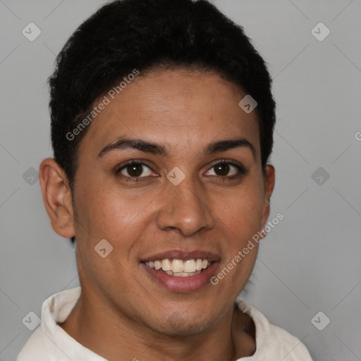 Joyful latino young-adult female with short  brown hair and brown eyes