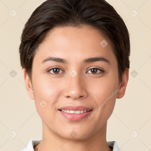 Joyful white young-adult female with short  brown hair and brown eyes