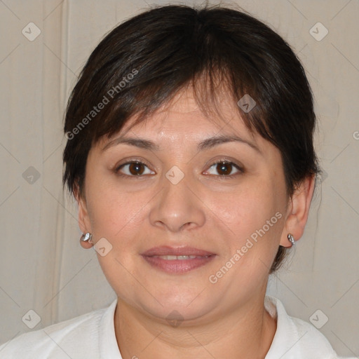 Joyful white adult female with medium  brown hair and brown eyes