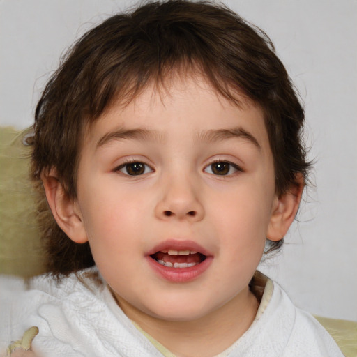 Joyful white child female with medium  brown hair and brown eyes