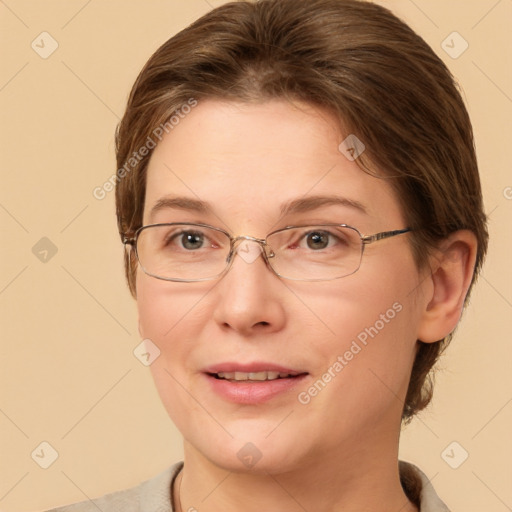 Joyful white adult female with short  brown hair and brown eyes