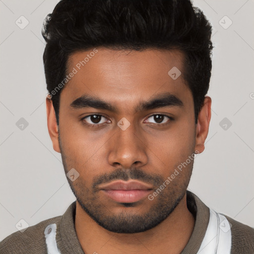 Neutral latino young-adult male with short  black hair and brown eyes