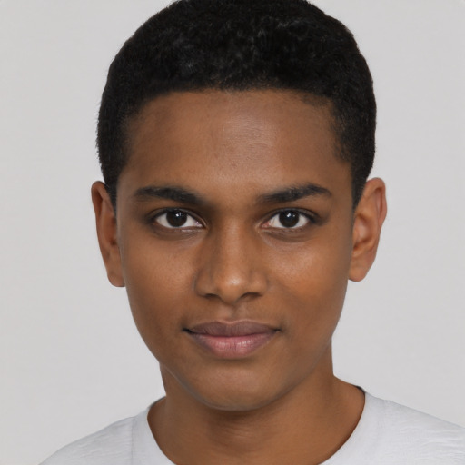 Neutral black young-adult male with short  black hair and brown eyes