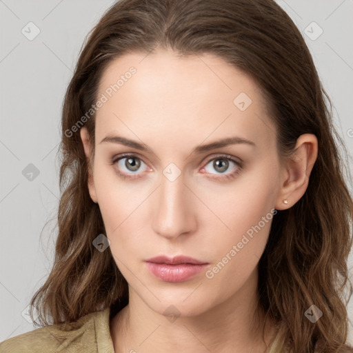 Neutral white young-adult female with long  brown hair and grey eyes