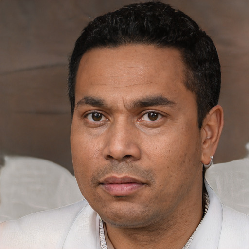 Neutral white adult male with short  black hair and brown eyes