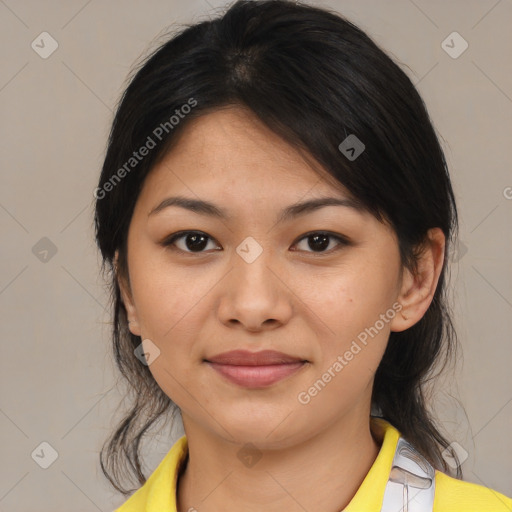 Joyful asian young-adult female with medium  black hair and brown eyes