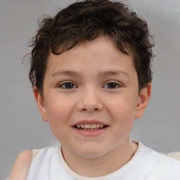 Joyful white child female with short  brown hair and brown eyes