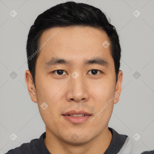 Neutral asian young-adult male with short  black hair and brown eyes