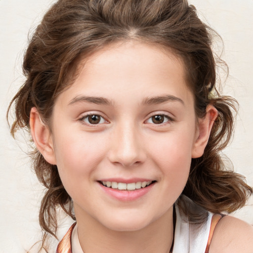 Joyful white child female with medium  brown hair and brown eyes