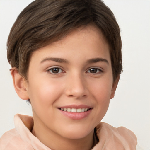 Joyful white child female with short  brown hair and brown eyes