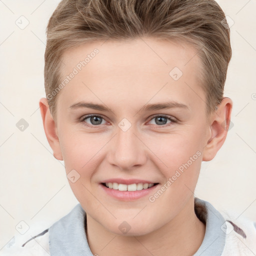 Joyful white young-adult female with short  brown hair and grey eyes