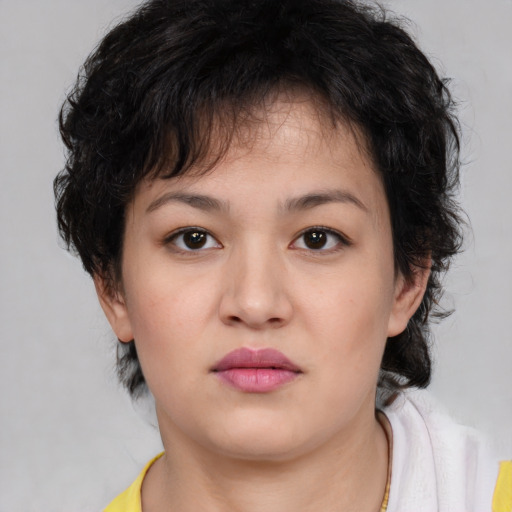 Neutral asian young-adult female with medium  brown hair and brown eyes