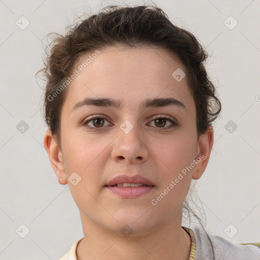 Neutral white young-adult female with short  brown hair and brown eyes