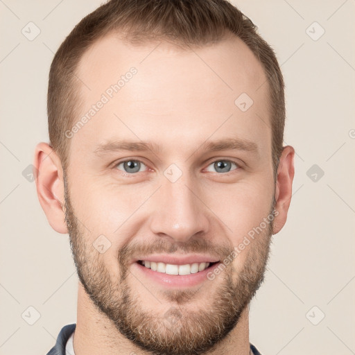 Joyful white young-adult male with short  brown hair and grey eyes