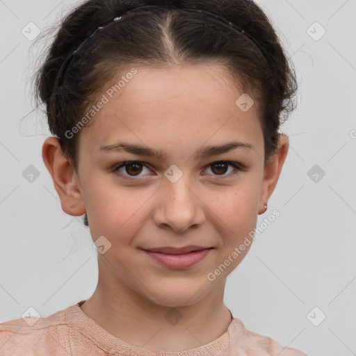 Joyful white child female with short  brown hair and brown eyes