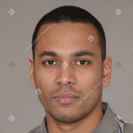 Neutral latino young-adult male with short  black hair and brown eyes