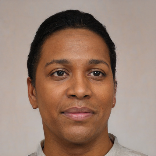Neutral black adult female with short  black hair and brown eyes