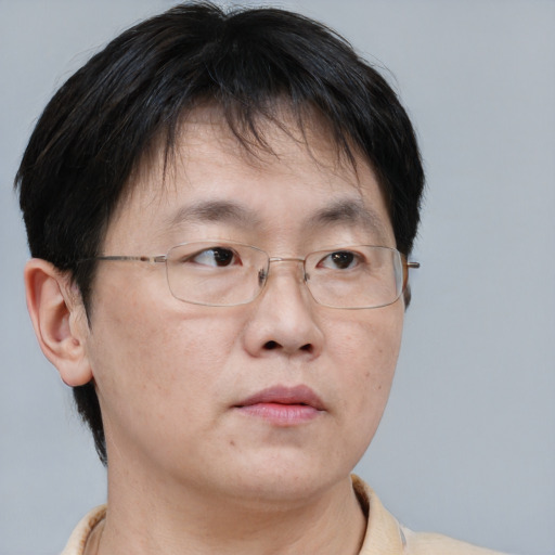 Neutral asian adult male with short  brown hair and brown eyes