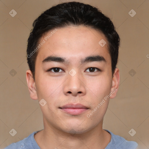 Neutral asian young-adult male with short  brown hair and brown eyes