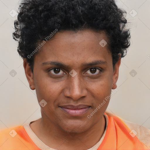 Joyful black young-adult male with short  brown hair and brown eyes
