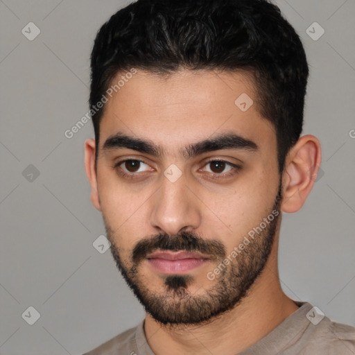 Neutral latino young-adult male with short  black hair and brown eyes