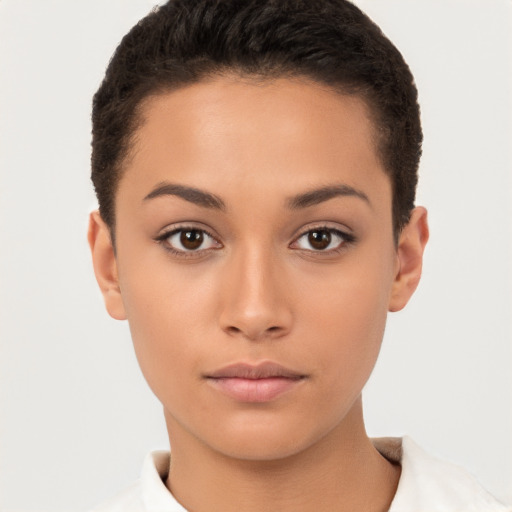 Neutral white young-adult female with short  brown hair and brown eyes