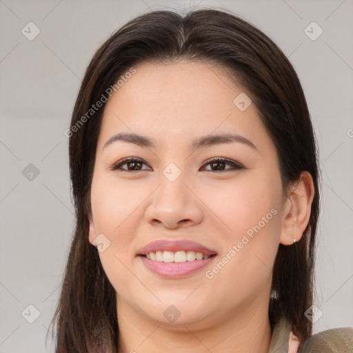 Joyful white young-adult female with medium  brown hair and brown eyes