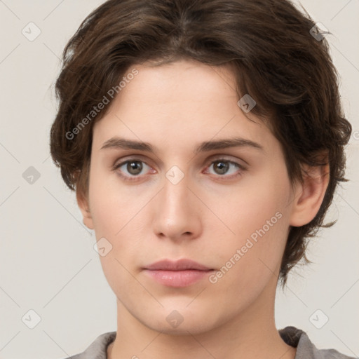 Neutral white young-adult female with medium  brown hair and brown eyes