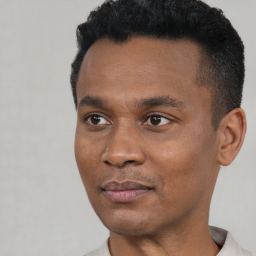 Joyful black young-adult male with short  black hair and brown eyes