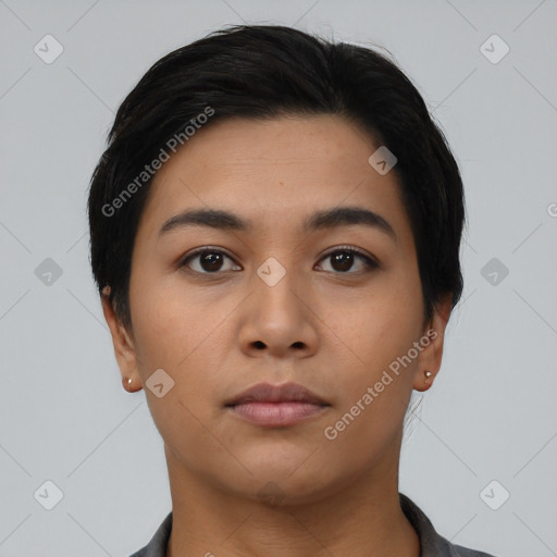 Neutral asian young-adult female with short  black hair and brown eyes