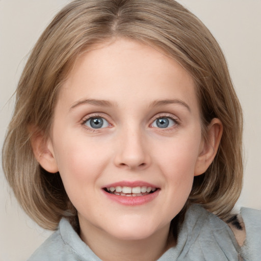 Joyful white child female with medium  brown hair and blue eyes