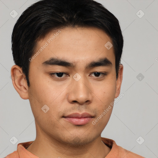 Neutral asian young-adult male with short  black hair and brown eyes