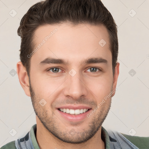 Joyful white young-adult male with short  brown hair and brown eyes