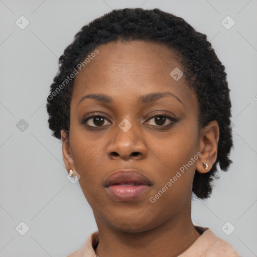 Neutral black young-adult female with short  black hair and brown eyes